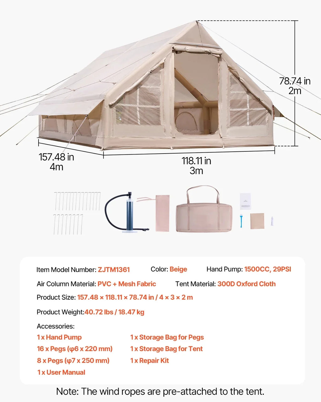 VEVOR Inflatable Tents for Camping, 5-8 Person Easy Setup Blow up Tent with Hand Pump, 300D Oxford Glamping Tent with Stove Jack 2 Doors & 4 Mesh Windows, Storage Bag Included for Easy Taking