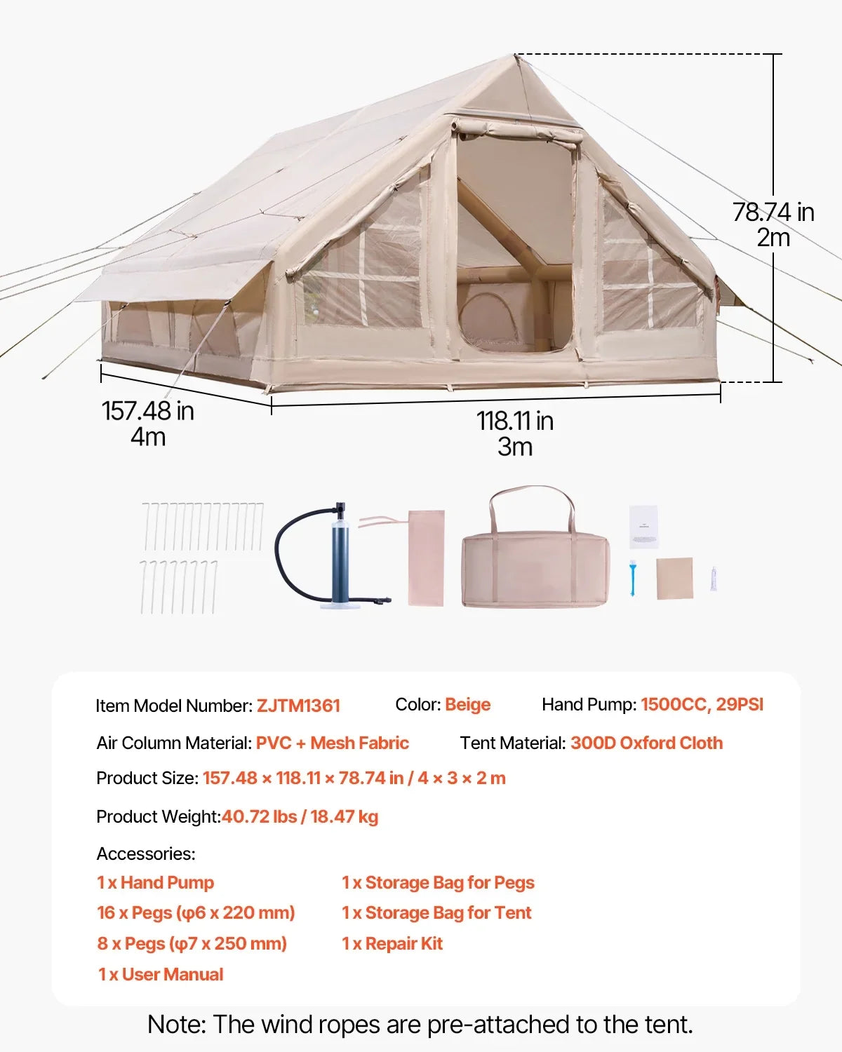 VEVOR Inflatable Tents for Camping, 5-8 Person Easy Setup Blow up Tent with Hand Pump, 300D Oxford Glamping Tent with Stove Jack 2 Doors & 4 Mesh Windows, Storage Bag Included for Easy Taking
