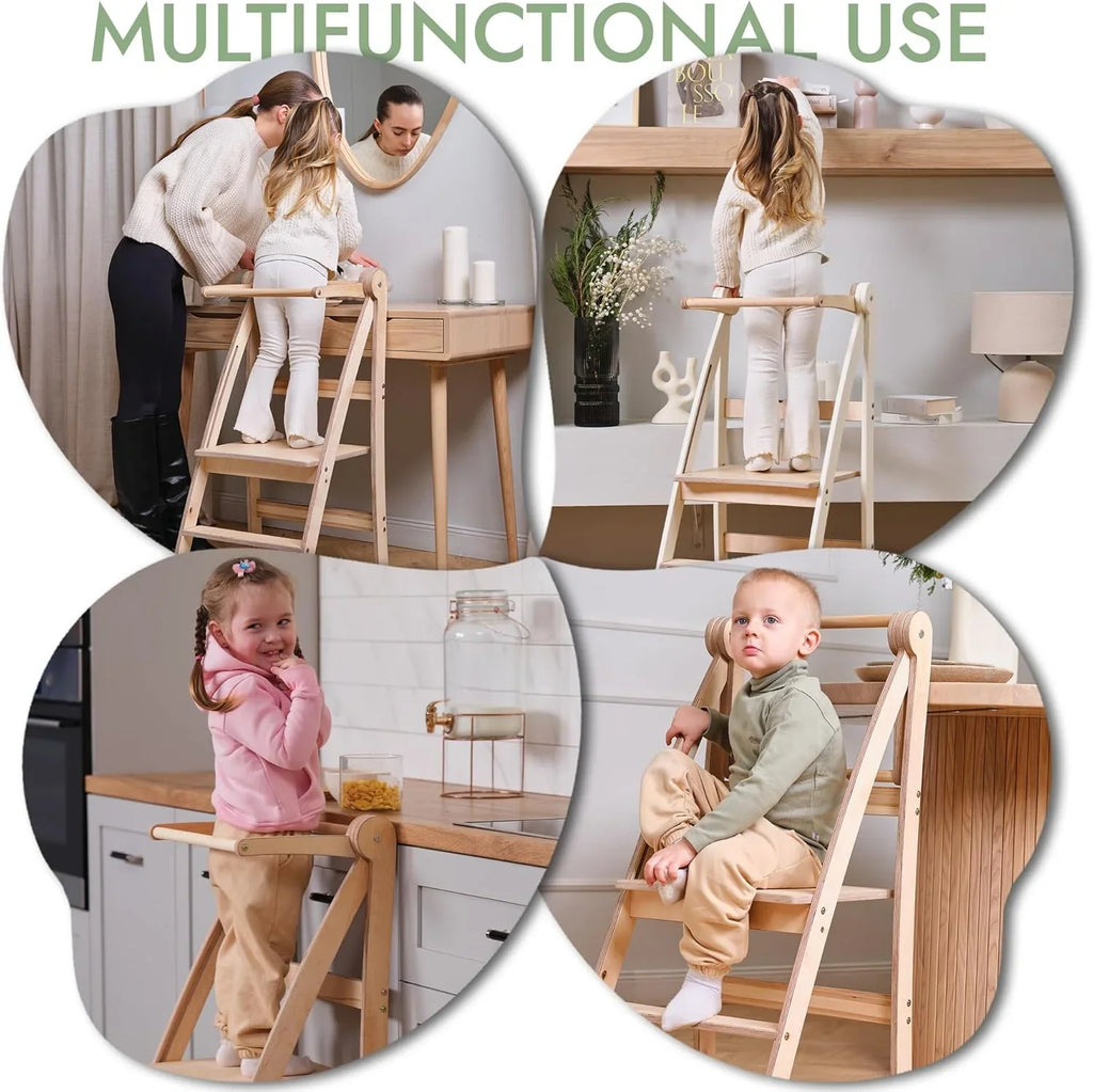 Folding Wooden Kitchen Standing Stool for Toddlers �C Safe & Compact Learning Step Stool, Ages 18 Months+