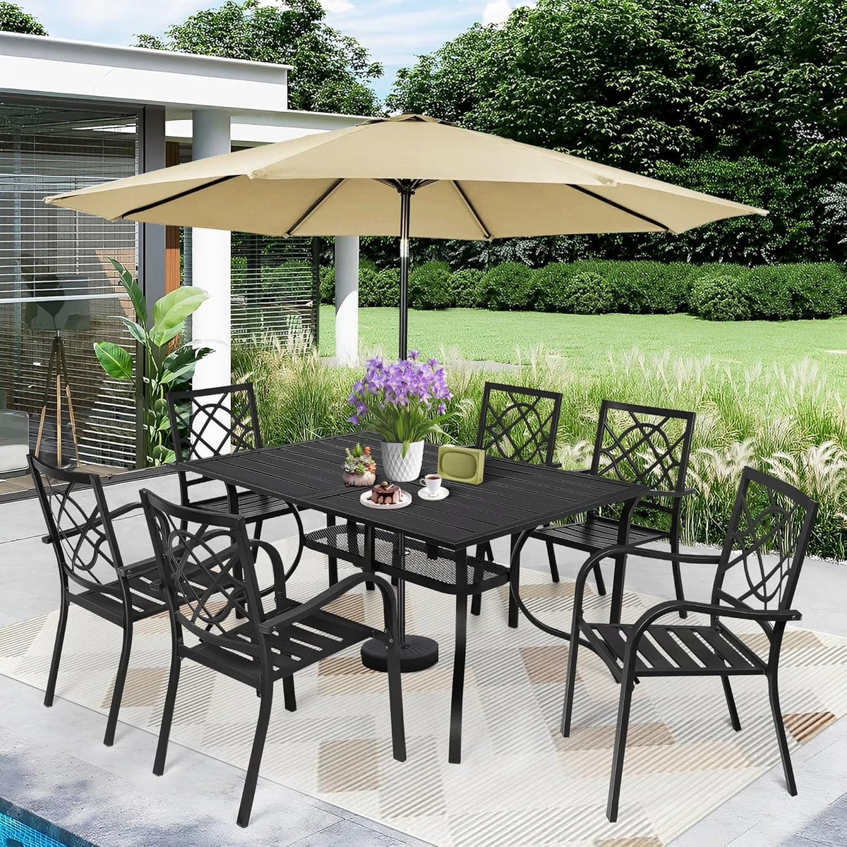 SUNCROWN 5-Piece Outdoor Wrought Iron Chairs and Table Patio Dining Furniture Set - 4 Stackable Metal Chairs, 1 Steel Slat Bistro Table and 1 Sky Blue 9Ft Patio Umbrella for Garden Backyard Deck