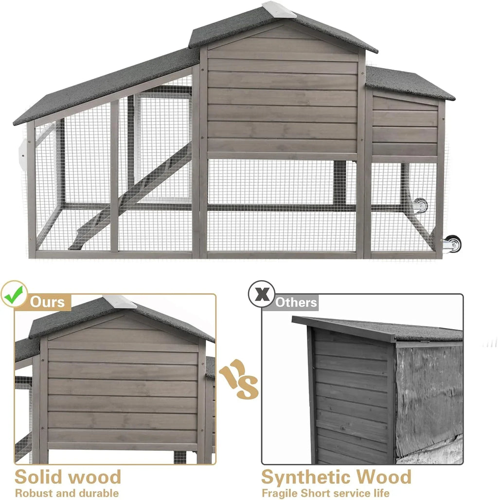 PETSCOSSET Chicken Coop with Run Large Wooden Chicken Tractor with Wheels Waterproof Outdoor Hen House Poultry Cage, Gray