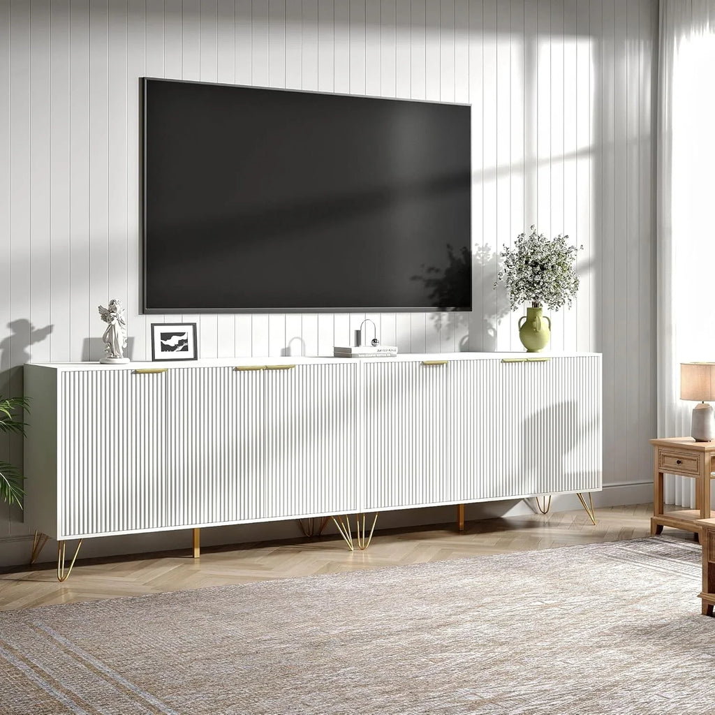 Fluted TV Stand for 100 Inch TV, Modern TV Stand Console, White Entertainment Center with Storage Cabinets, Adjustable Shelves & Gold Handles, Wood Media Cabinet for Living Room
