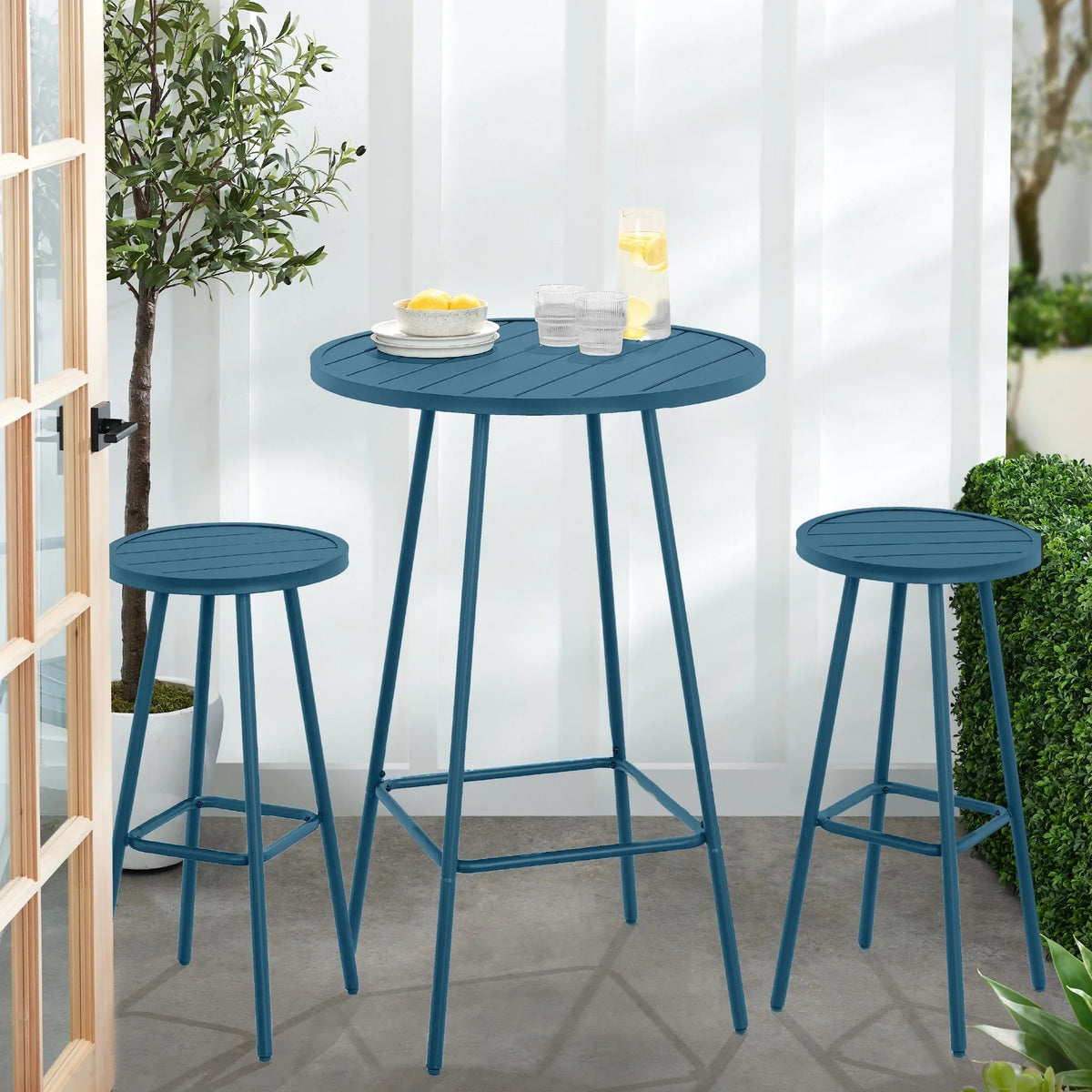 Best Choice Products 3-Piece Steel Patio Bar Height Round Bistro Set w/ Backless Stools, Slatted Design - Black
