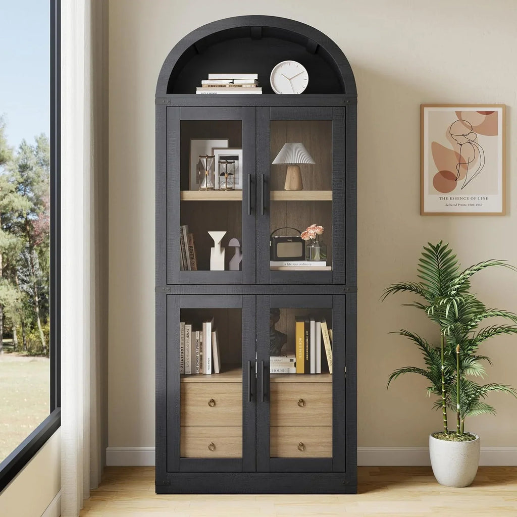 Arched Kitchen Pantry Storage Cabinet with 2 Drawers, 71-Inch Tall Farmhouse Wood Bookcase with 4 Doors for Kitchen Dining Room Bathroom