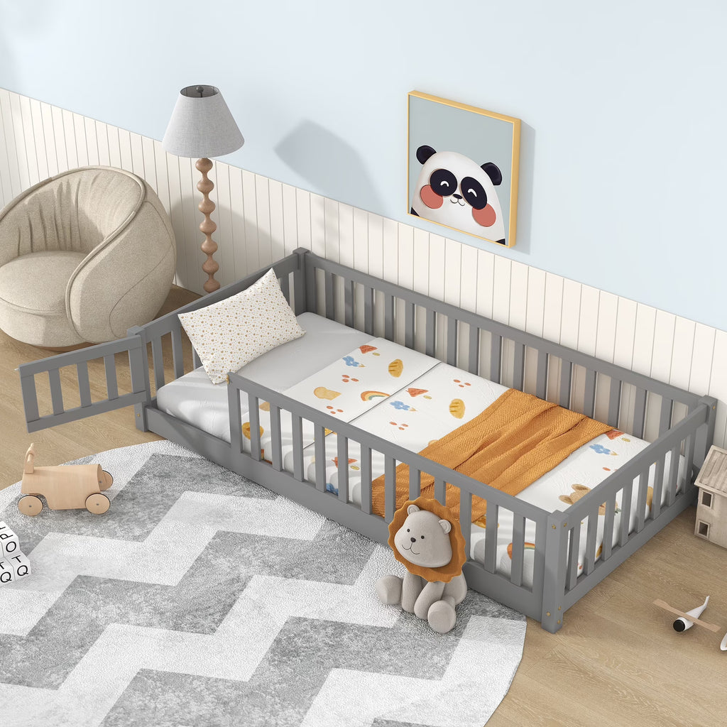 PAPROOS Twin Size Floor Bed, Solid Wood Toddler Bed with Slat, Fence Guardrail and Door, No Box Spring Needed, Montessori Bed, Twin Bed for Kids, Boys, Girls, Gray