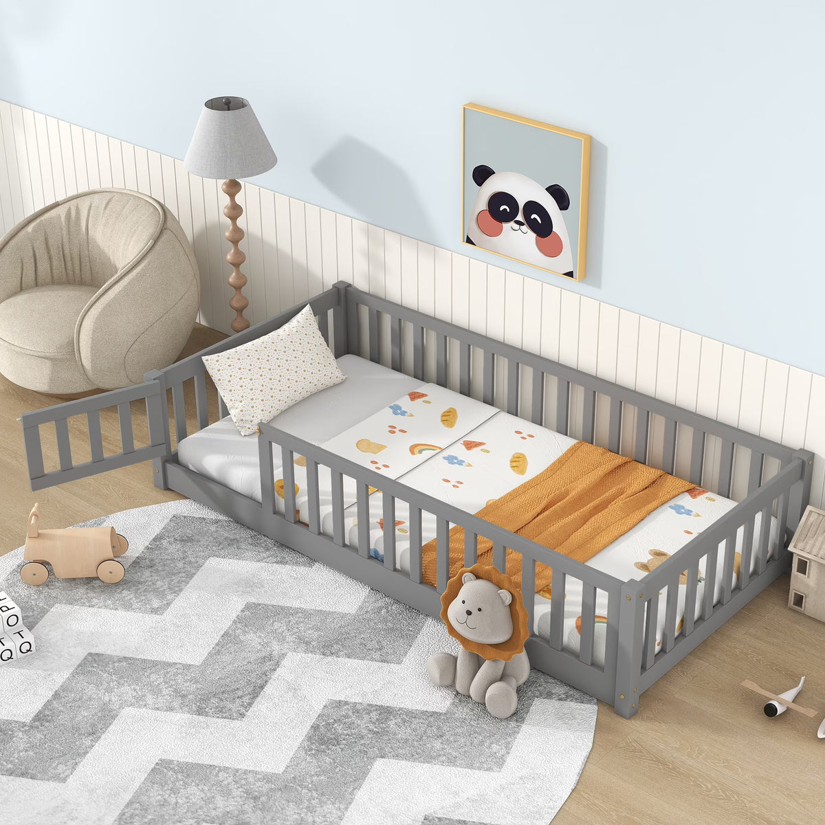 PAPROOS Twin Size Floor Bed, Solid Wood Toddler Bed with Slat, Fence Guardrail and Door, No Box Spring Needed, Montessori Bed, Twin Bed for Kids, Boys, Girls, Gray