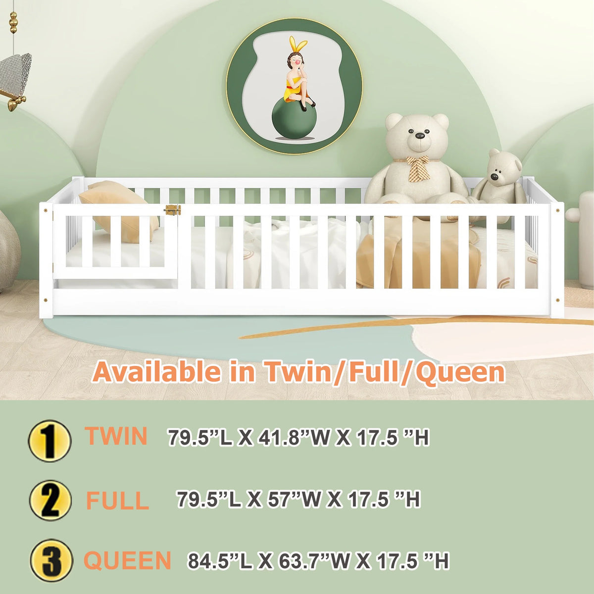 Bellemave Twin Size Floor Beds, Wood Montessori Bed with Fence Railings & Support Slats, No Box Spring Needed (Gray"