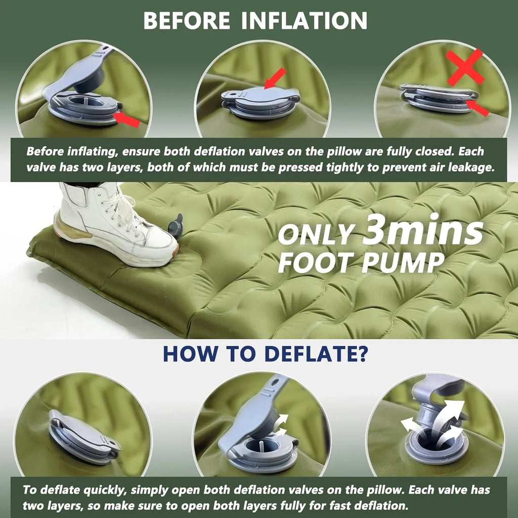 Double Sleeping Pad for Camping - 6" Ultra-Thick Camping Mattress with Pillow, Built-in Foot Pump, Compact 2-Person Portable Camping Mat for Backpacking, Hiking, Car Traveling, Beach, Tent