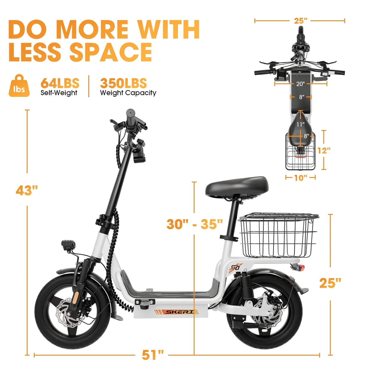 Skeri Electric Scooter with Seat for Adult and Basket, 14 Inch Tire Electric Scooter with Dual Shock Absorbers, 350W Motor with 25-Mile Range, Speed Up to 20 MPH (Gen 2.0)