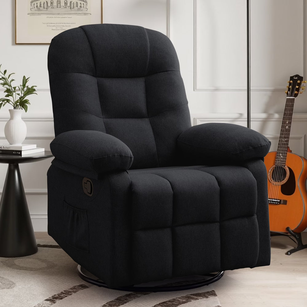Korser Manual Swivel Rocker Recliner Chair for Living Room,Small Recliner Sofa for Small Spaces,Linen Fabric,Dark Black