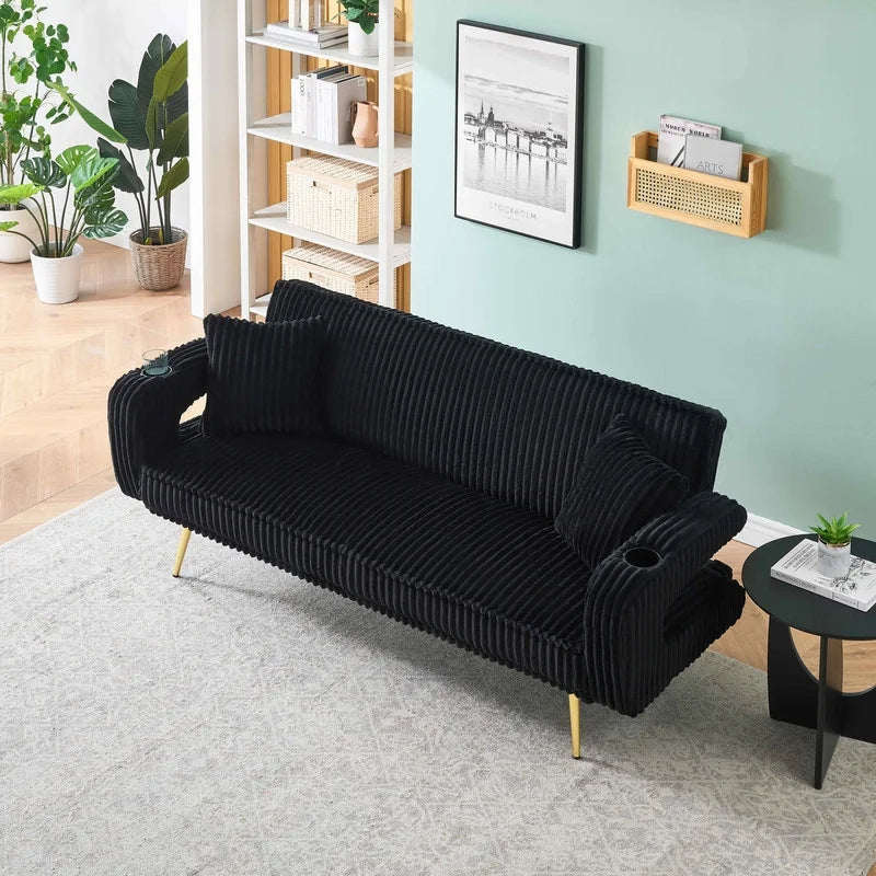 FFH Modern Corduroy Futon Sofa Bed with Adjustable Backrest,Convertible Loveseat Sleeper,Soft Couch with Drop-Down Table and Cup Holder for Living room,Pink