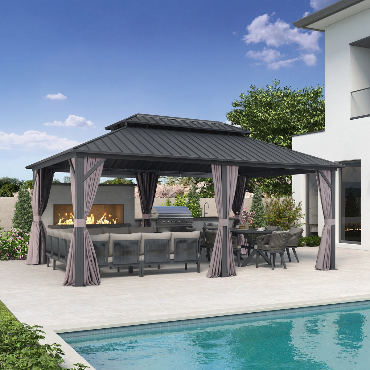 PURPLE LEAF 8' X 8' Gazebo Outdoor Gazebo Permanent Hardtop Gazebo with Galvanized Steel Double Roof for Patio Backyard Deck Aluminum Gazebo with Netting and Curtains Grey