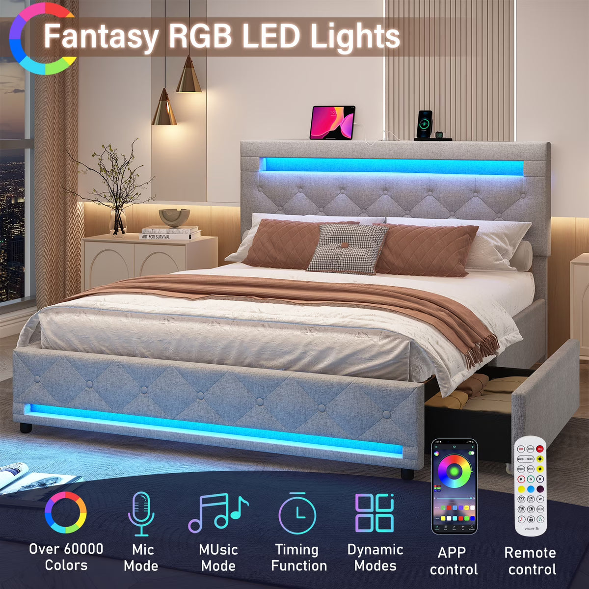 LED Bed Frame Queen Size with 4 Storage Drawers + 2 USB Ports and Outlets, Adjustable Upholstered Headboard, Solid Wooden Slat Support, No Box Spring Needed