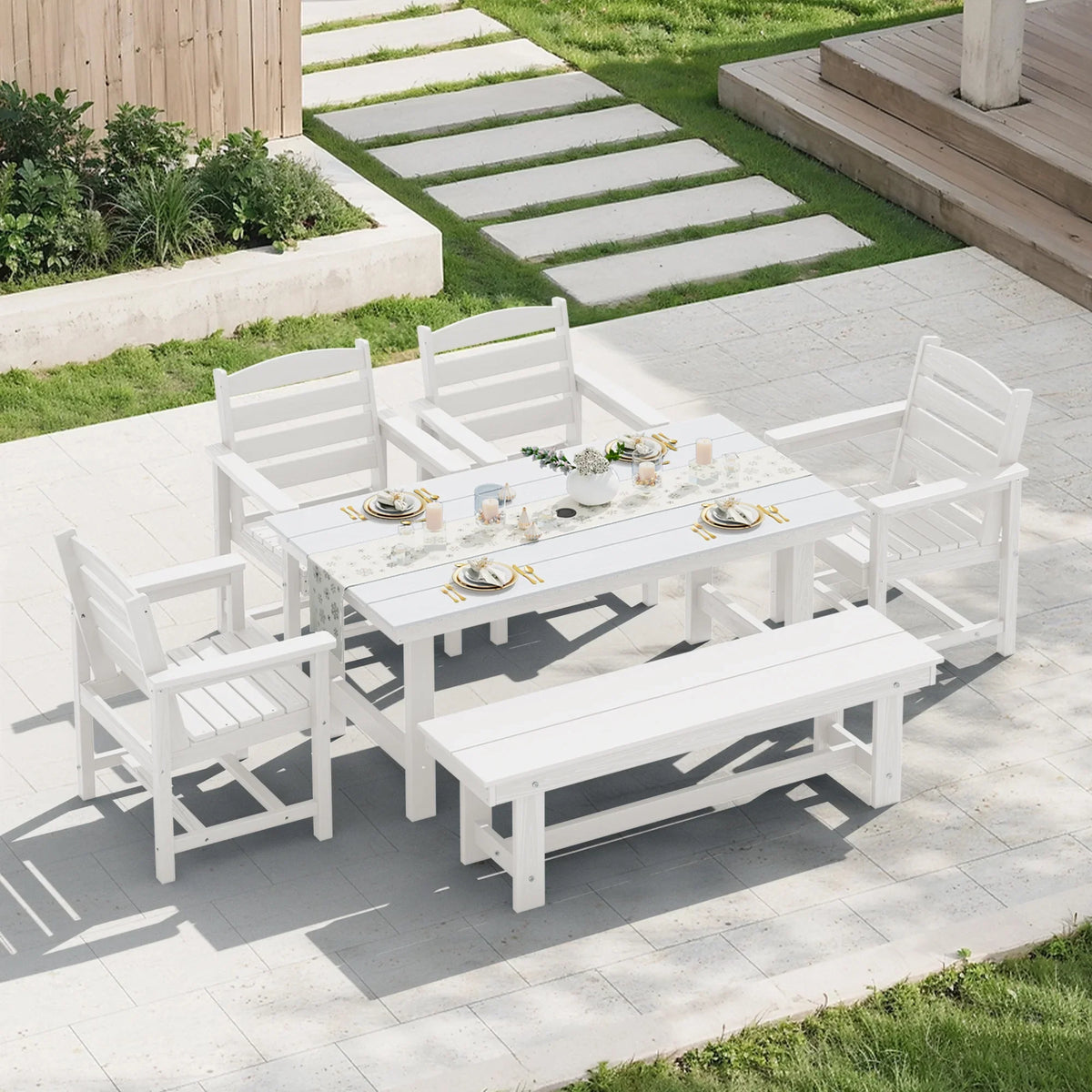 KINGYES 7-Piece Outdoor Dining Set, HDPE Patio Table and Chairs with Umbrella Hole, Gray