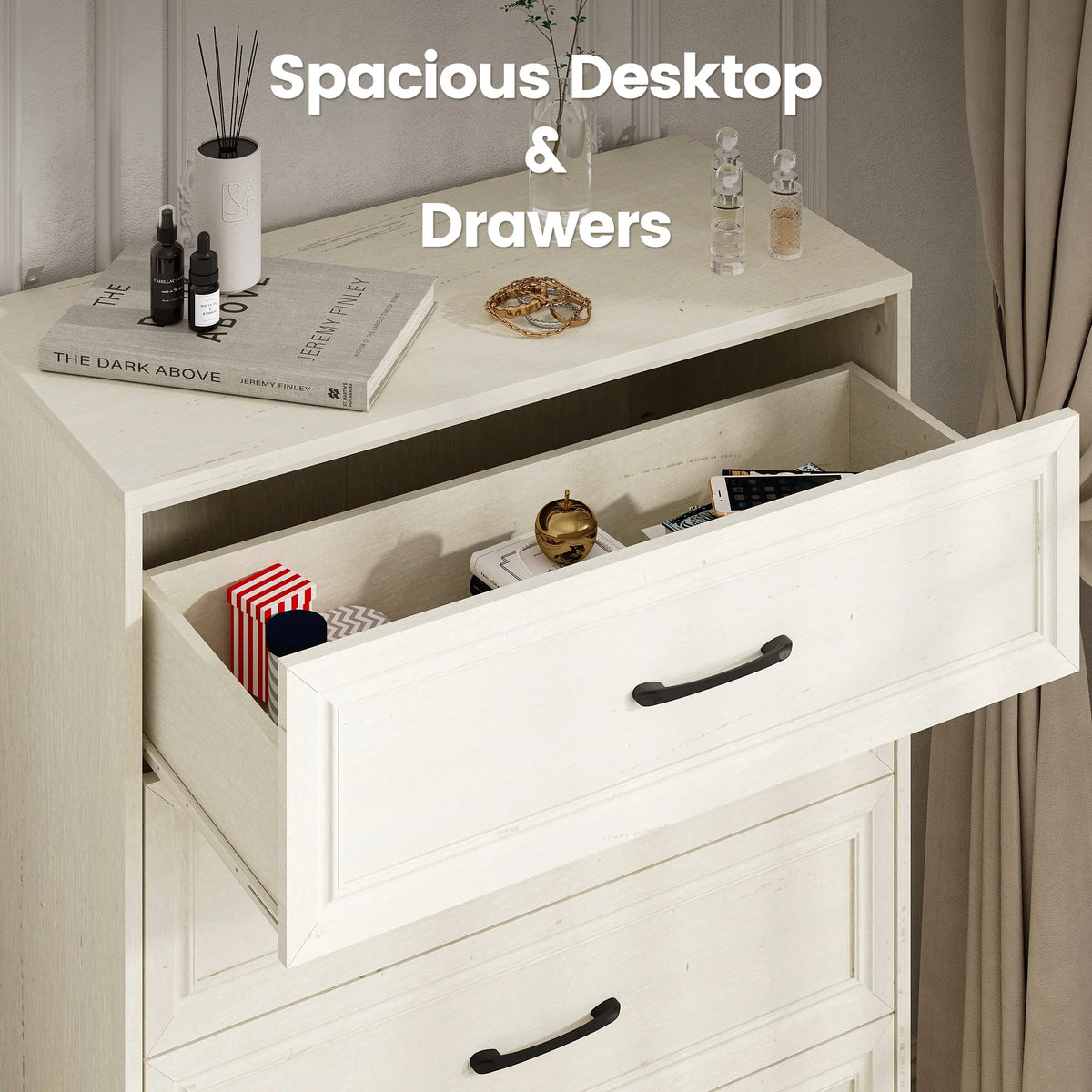 Vabches Farmhouse 5 Drawer Dresser with Metal Handle, Tall Wood Chest of Drawers for Living Room Bedroom,Dark Brown