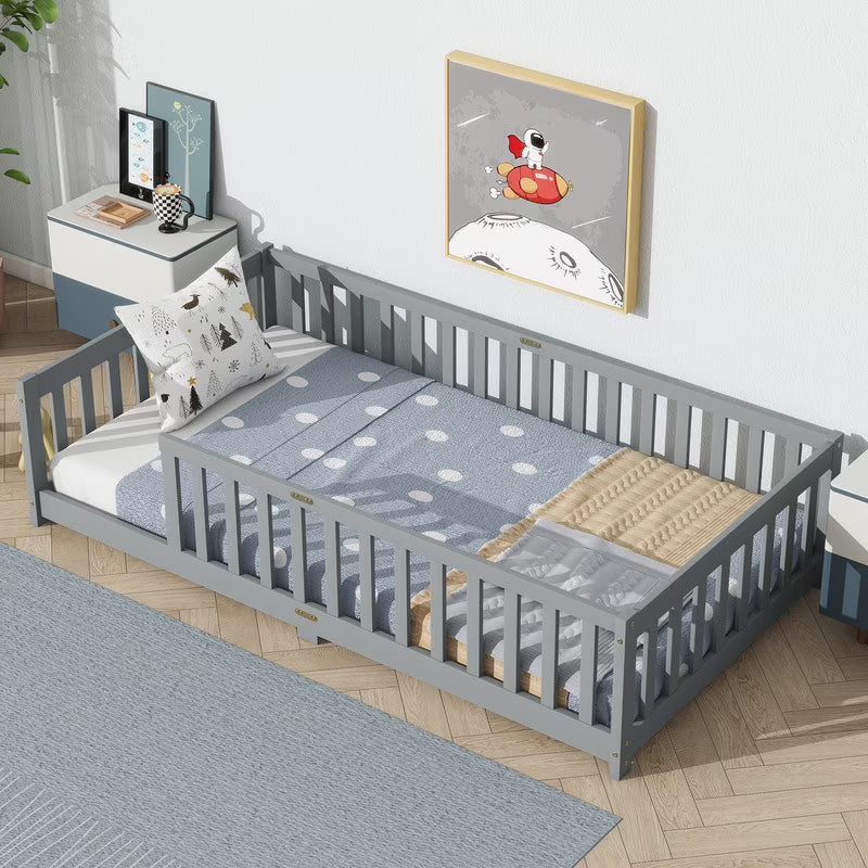 Bellemave Twin Size Floor Beds, Wood Montessori Bed with Fence Railings & Support Slats, No Box Spring Needed (Gray"