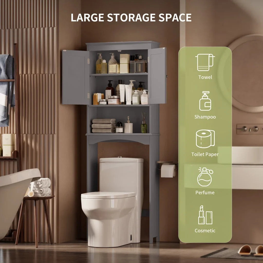 Aiho 66.1" over the Toilet Storage Cabinet with Adjustable Shelf and Open Storage Shelf, Freestanding - White