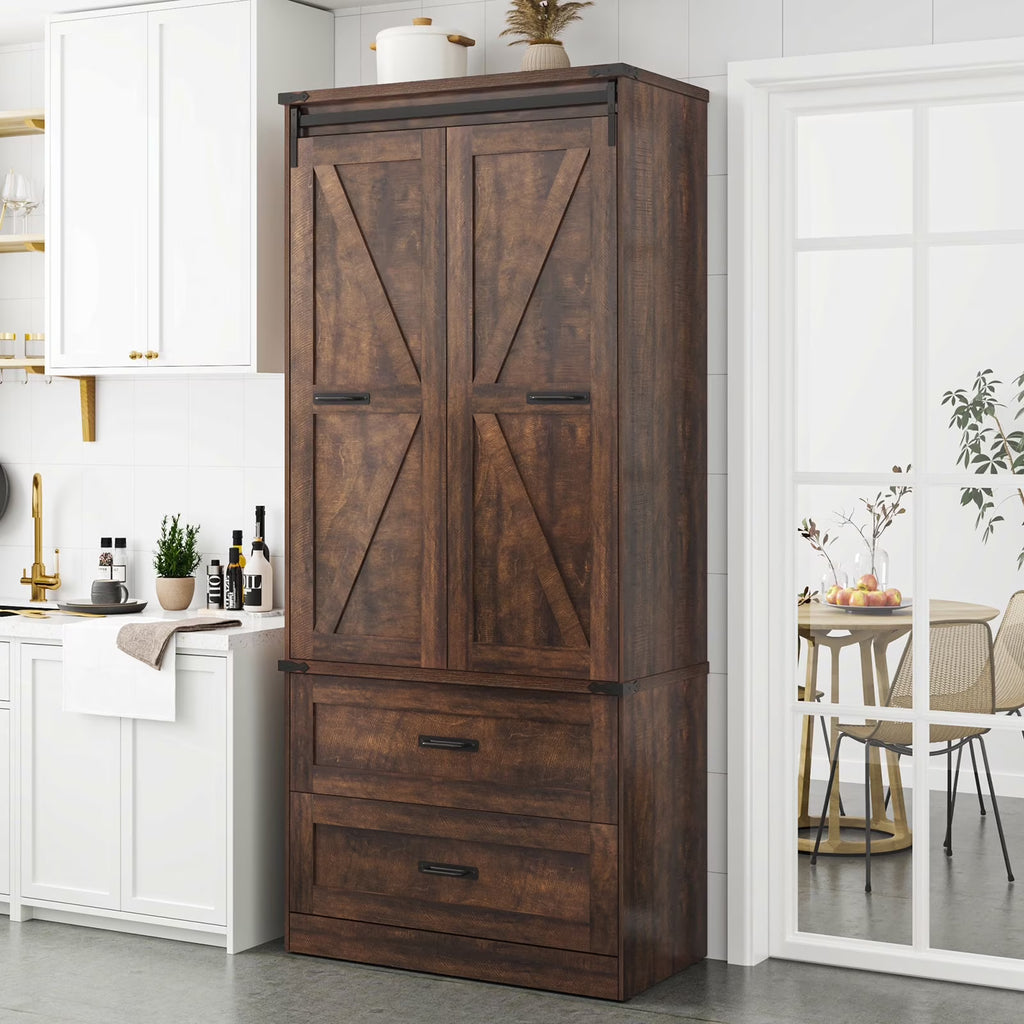 72''Tall Farmhouse Kitchen Pantry Cabinet, 3 Layers Storage Cabinet with Adjustable Shelves, 2 Drawer, Folding Door, Versatile Large Rustic Cabinet for Kitchen, Dining Room, Living Room, Bathroom