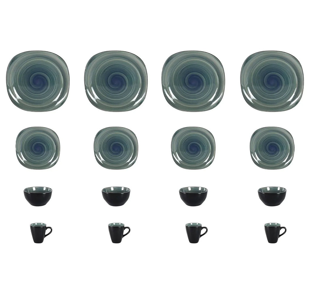 Stoneware Square 16pc Dinnerware Set, Inside Spinwash Swirl Orange + Outside Black