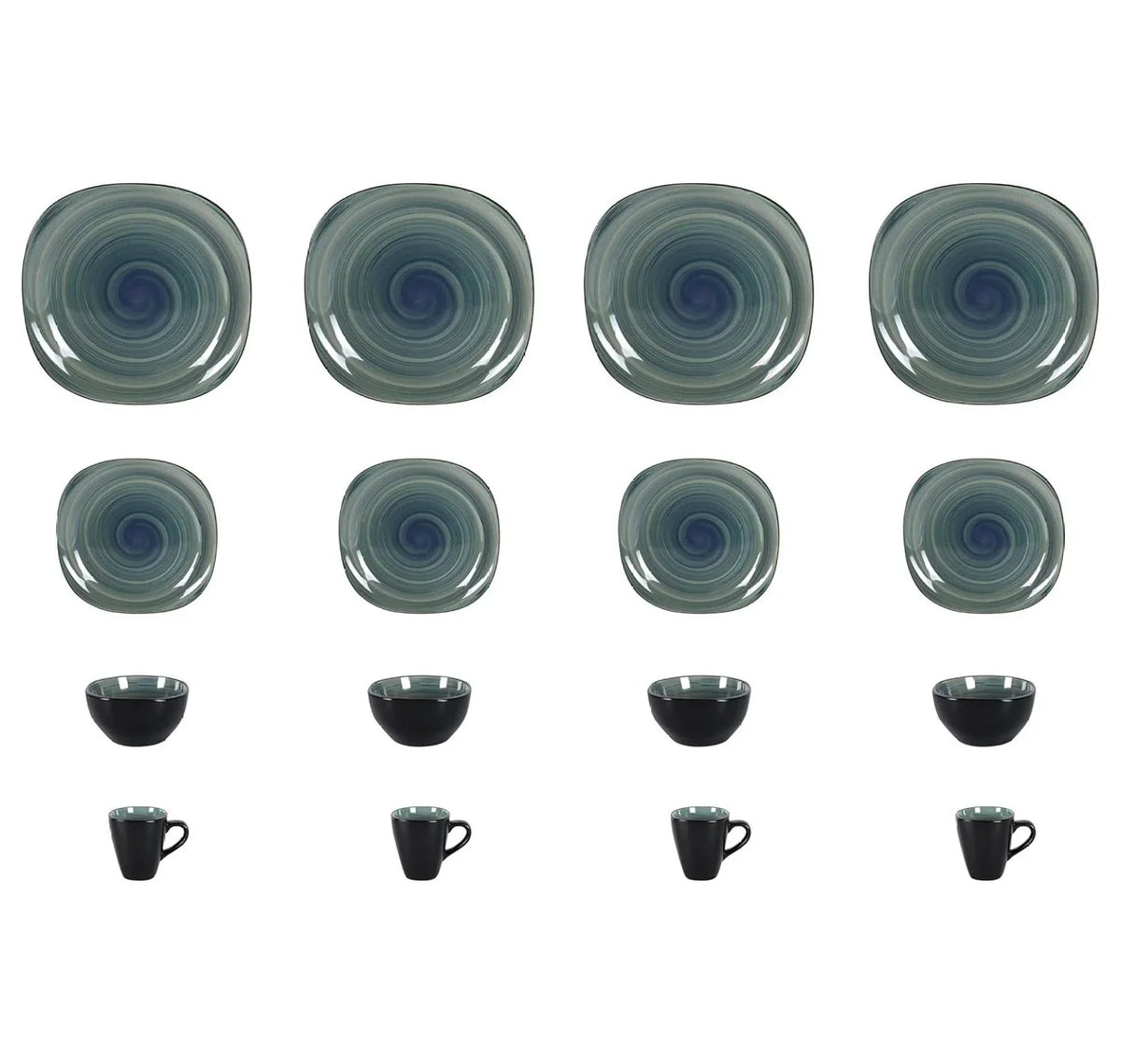 Stoneware Square 16pc Dinnerware Set, Inside Spinwash Swirl Orange + Outside Black