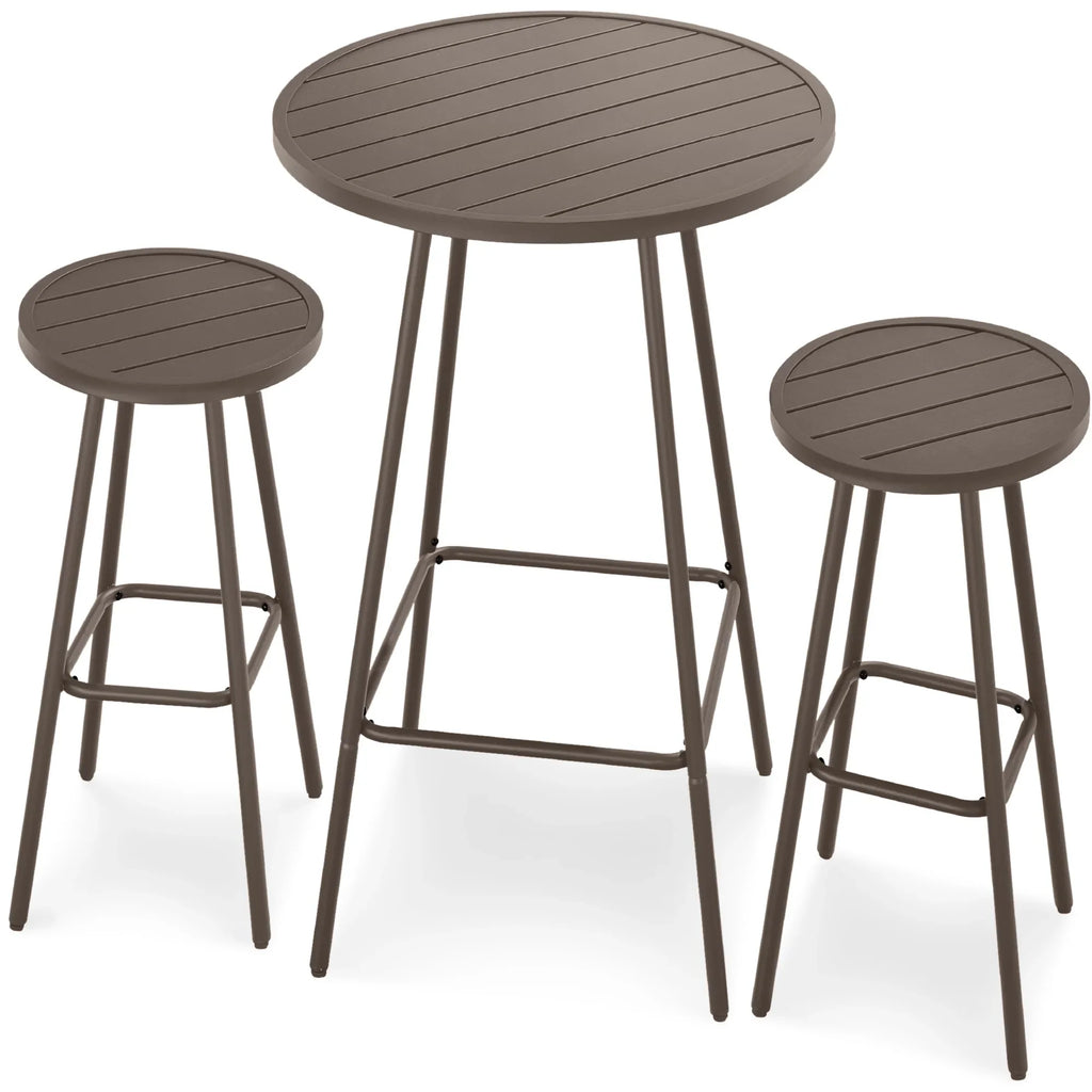 Best Choice Products 3-Piece Steel Patio Bar Height Round Bistro Set w/ Backless Stools, Slatted Design - Black
