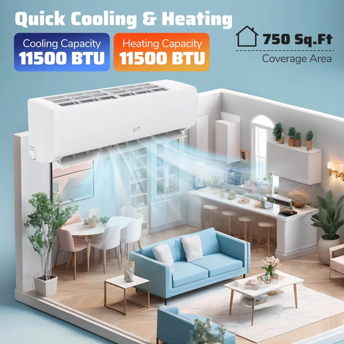 Costway 11500 BTU Wifi Enabled Mini Split Air Conditioner & Heater Works with Alexa 750 Sq.Ft 17 SEER2 115V
