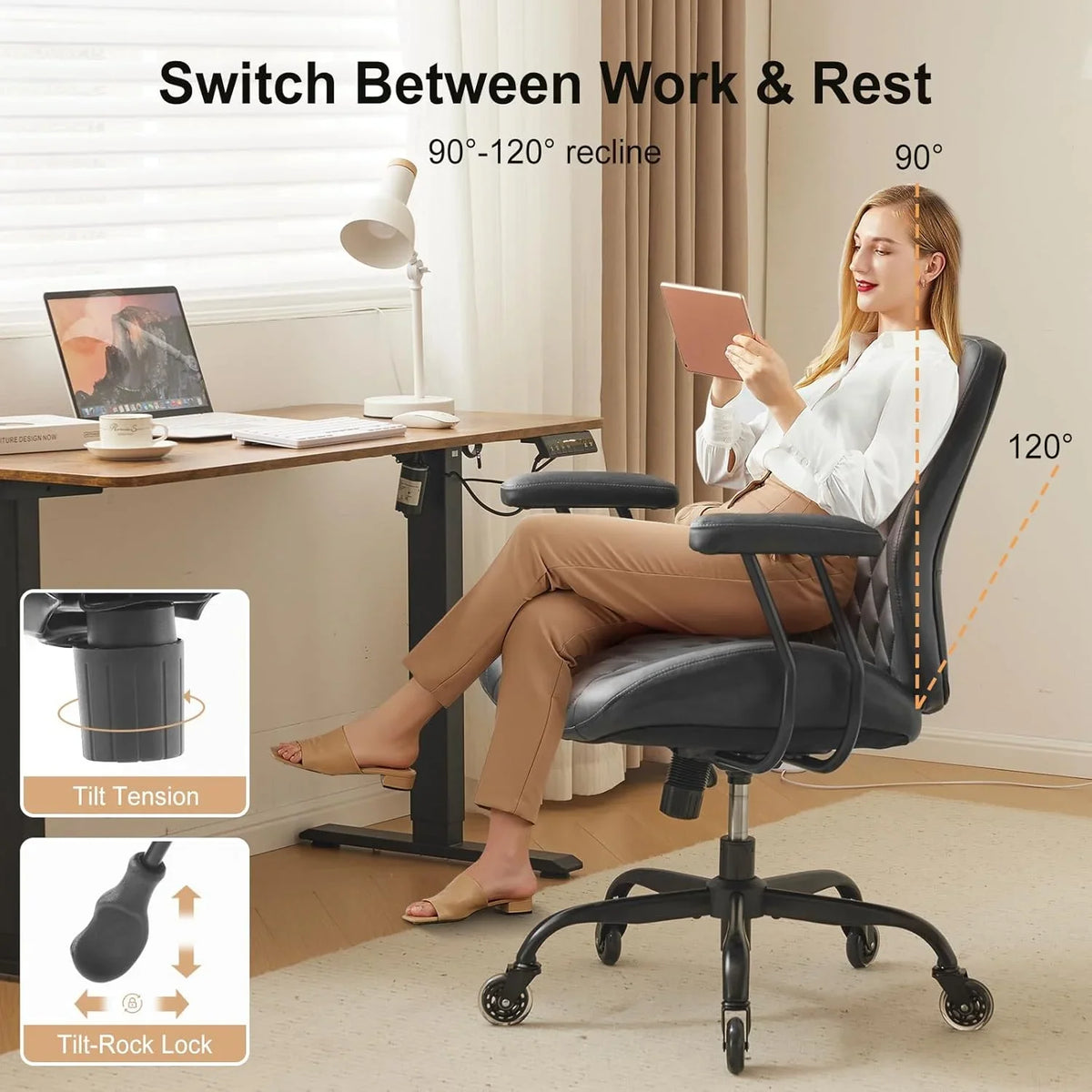 QW Home Office Desk Chair Office Rubber Casters Ergonomic Computer Chair with Lumbar Support Adjustable Height Rolling Swivel Executive Task Armrests Chair. Brown Leather