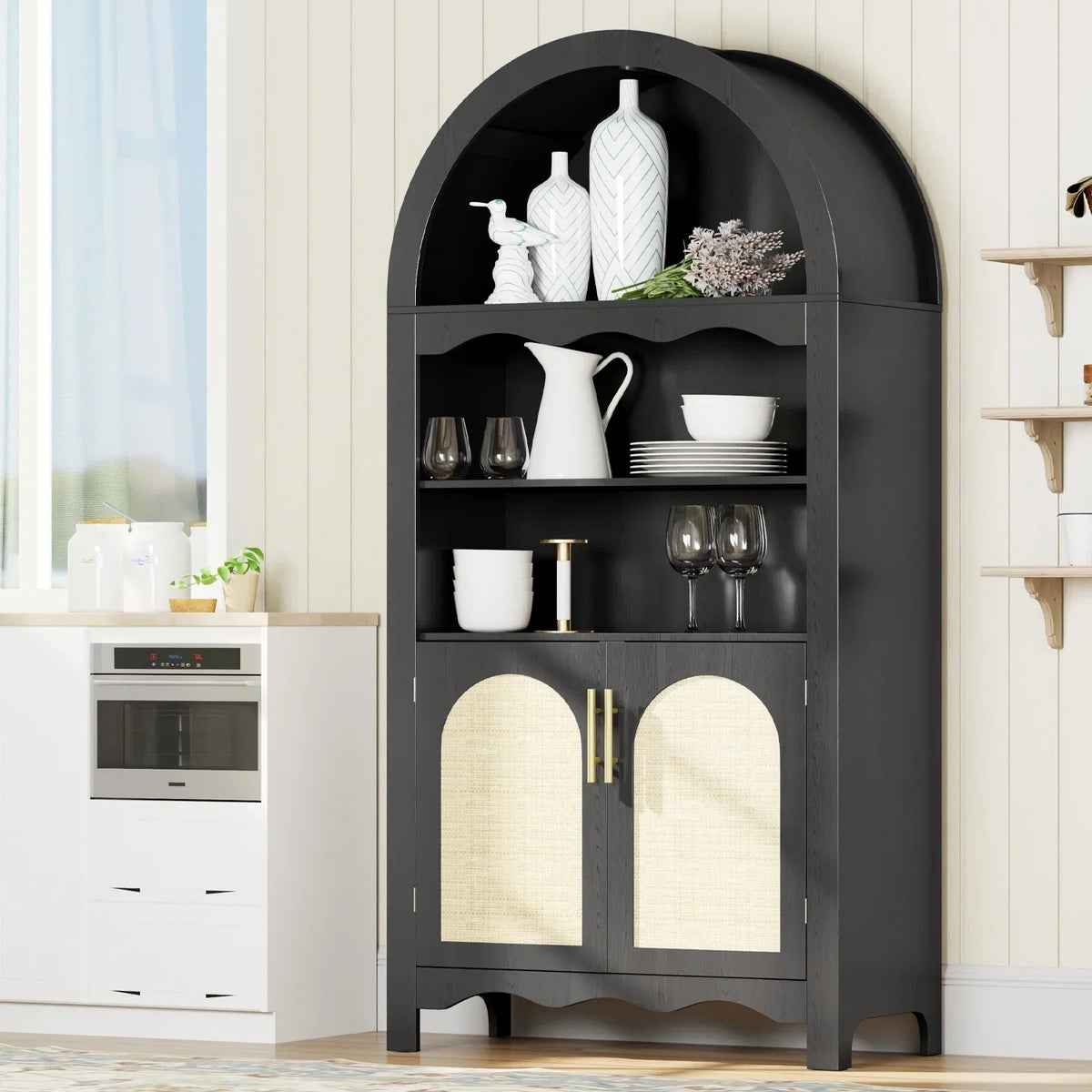 LAZZO 73-Inch Tall Arched Kitchen Pantry Storage Cabinet, 2 Doors, Brown
