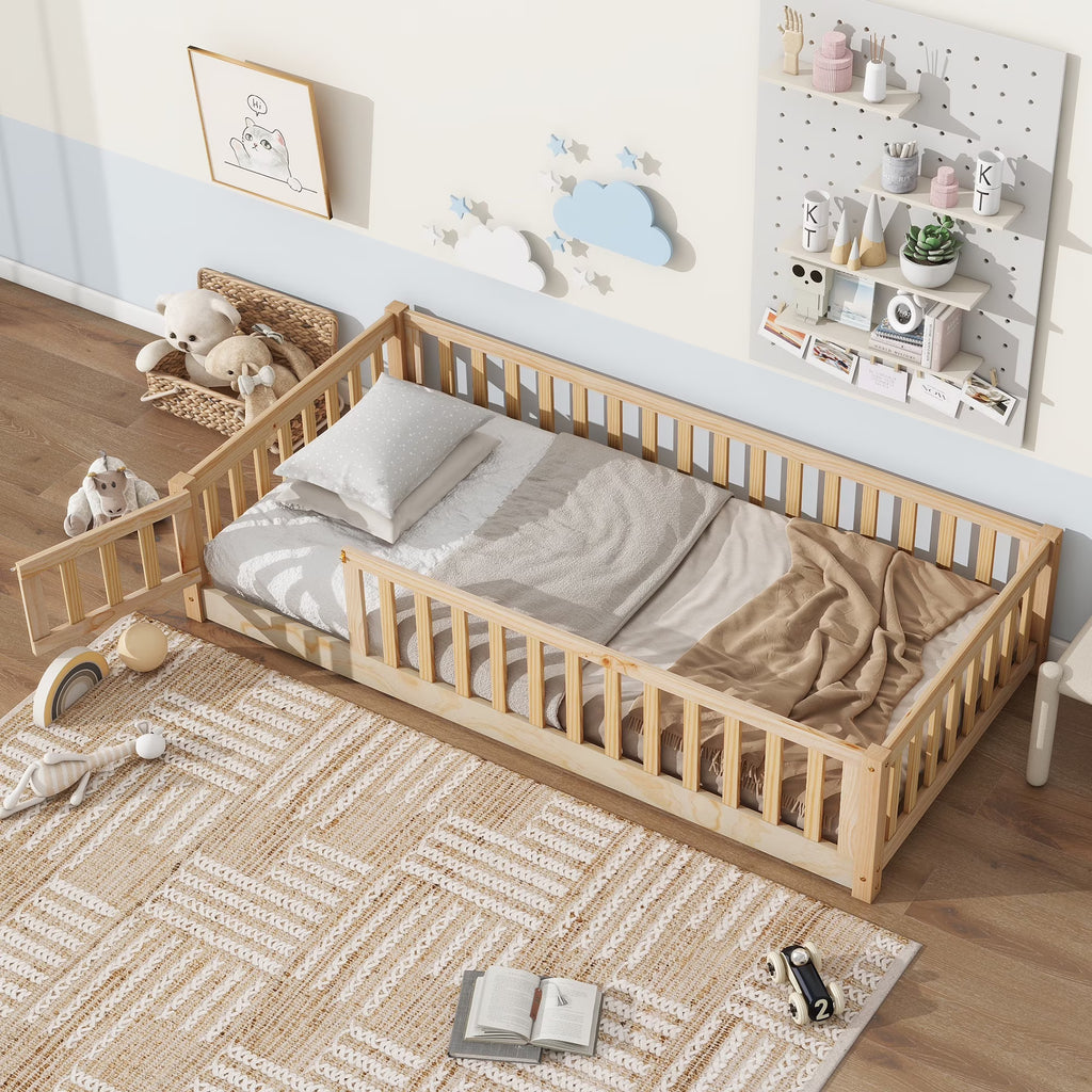 PAPROOS Twin Size Floor Bed, Solid Wood Toddler Bed with Slat, Fence Guardrail and Door, No Box Spring Needed, Montessori Bed, Twin Bed for Kids, Boys, Girls, Gray