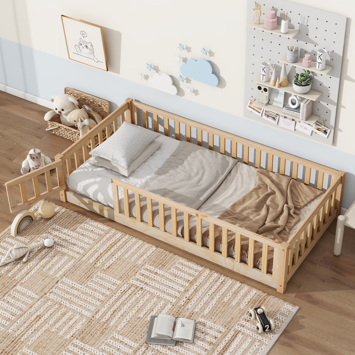 PAPROOS Twin Size Floor Bed, Solid Wood Toddler Bed with Slat, Fence Guardrail and Door, No Box Spring Needed, Montessori Bed, Twin Bed for Kids, Boys, Girls, Gray