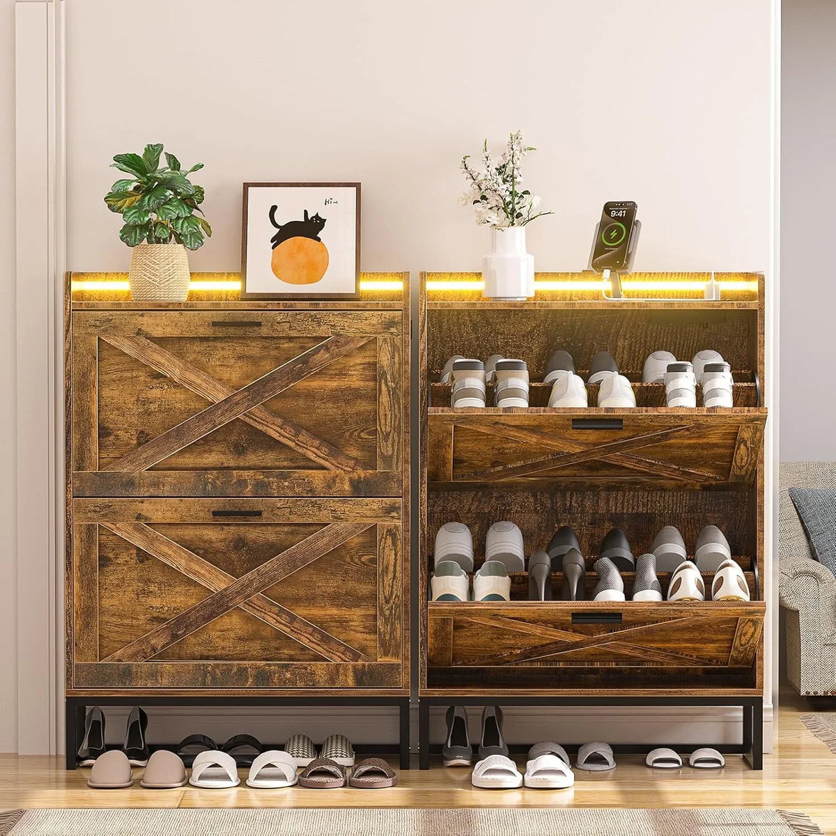 HAIOOU Shoe Storage Cabinet, Wood Shoe cabinet with Adjustable Shelf for Entryway with 3 Flip Drawers,Rustic Brown