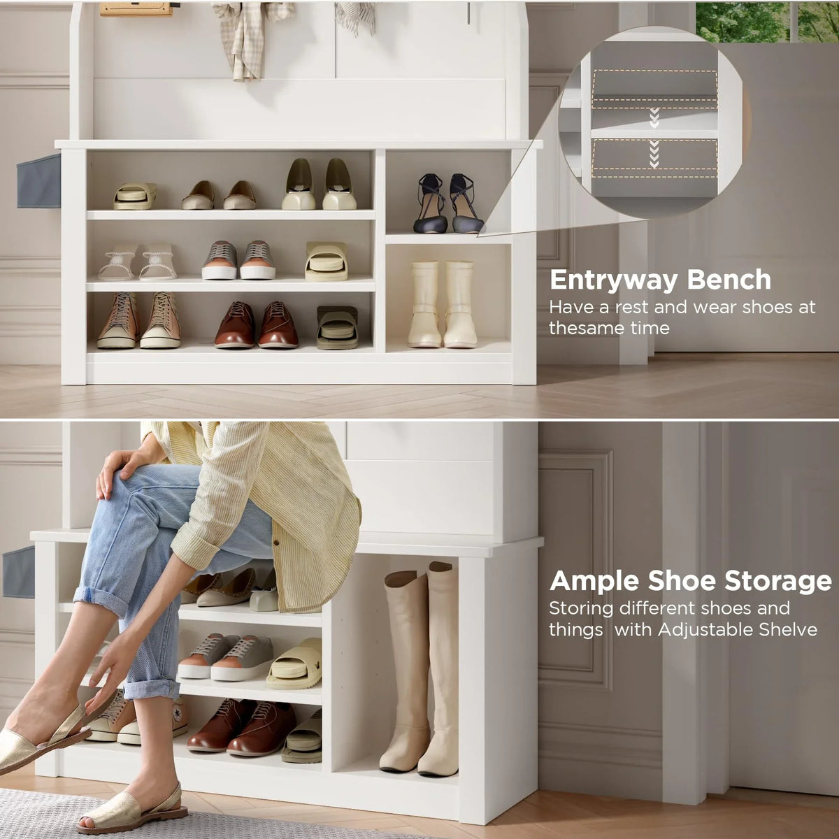 Lofka 5-in-1 Hall Tree with Bench and Shoe Storage, Entryway Hall Tree with Coat Rack, Adjustable Shoe Storage, 2-tier top storage,White