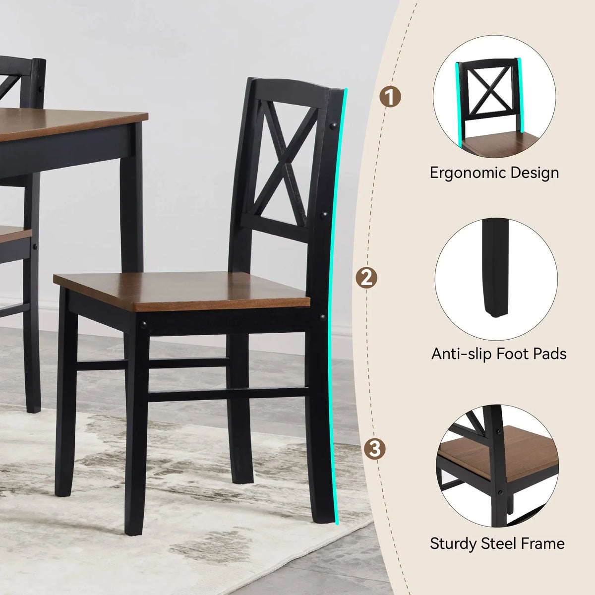 Seizeen Solid Wood Kitchen Table and Chairs, Dining Room Table Set for 4 with Gray Upholstered Chairs, Wood Grain Table Heavy-Duty Frame, Rustic Minimalist Style Breakfast Nook Set