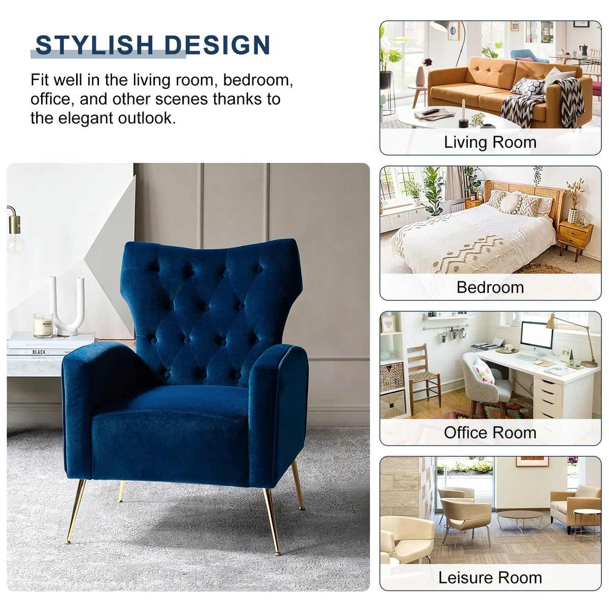 Modern Velvet Accent Chair Upholstered Sofa Armchair Button Tufted Metal Legs Adult Bedroom Home Living Room Grey