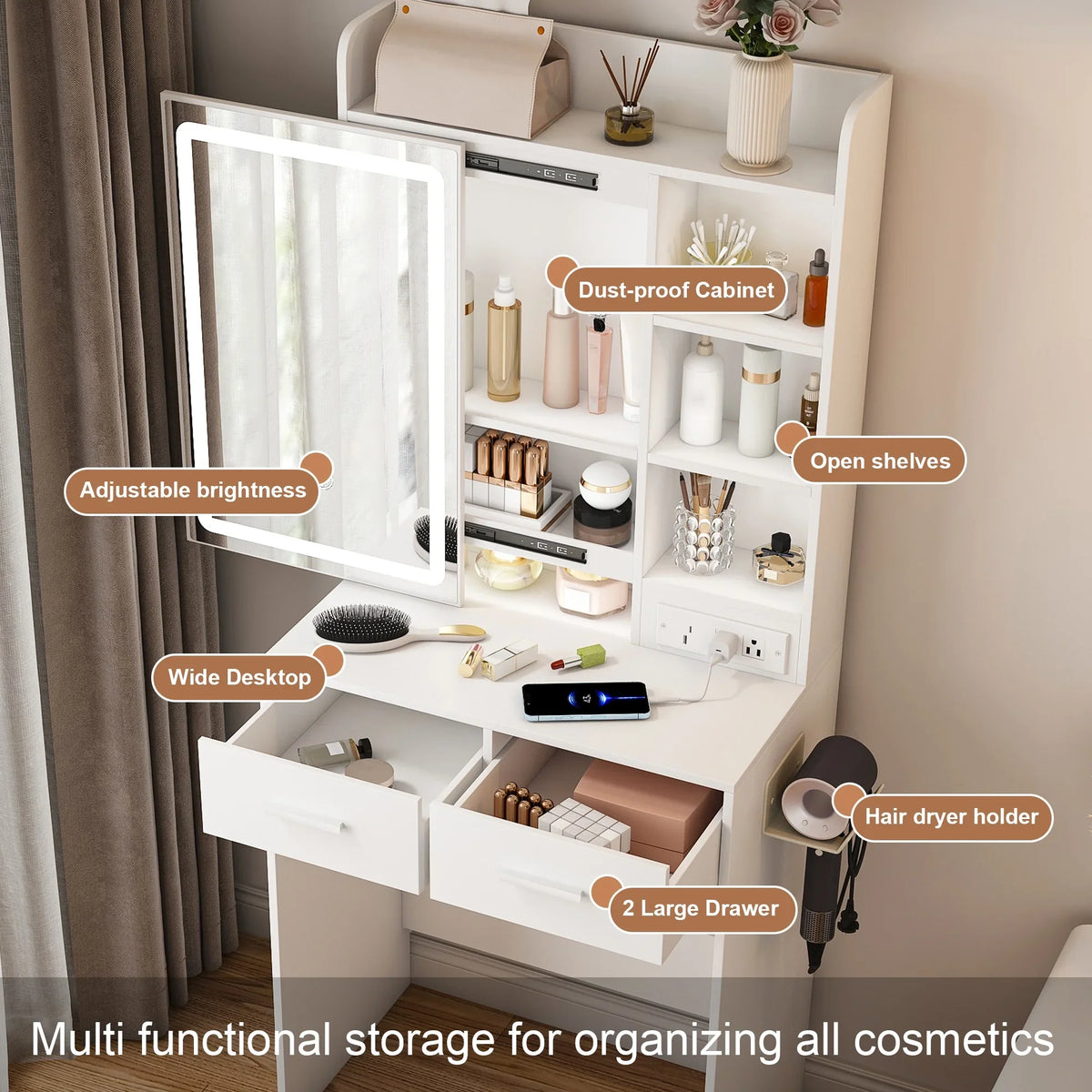 Makeup Vanity Desk with Mirror & Adjustable LED Lights,Hidden Storage