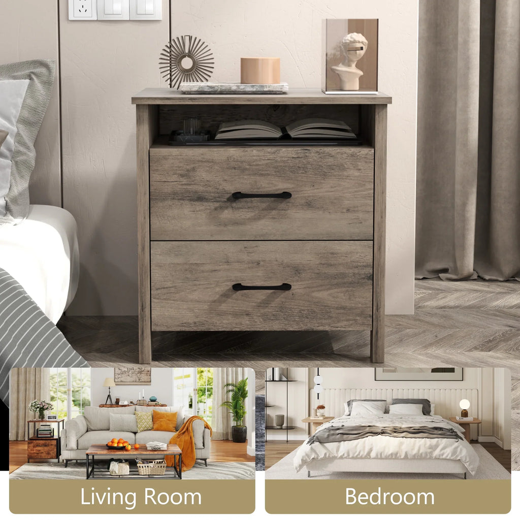 Farmhouse Nightstand with 2 Drawers, Rustic Grey Bedside Table with Open Shelf, Wooden Side End Table for Bedroom