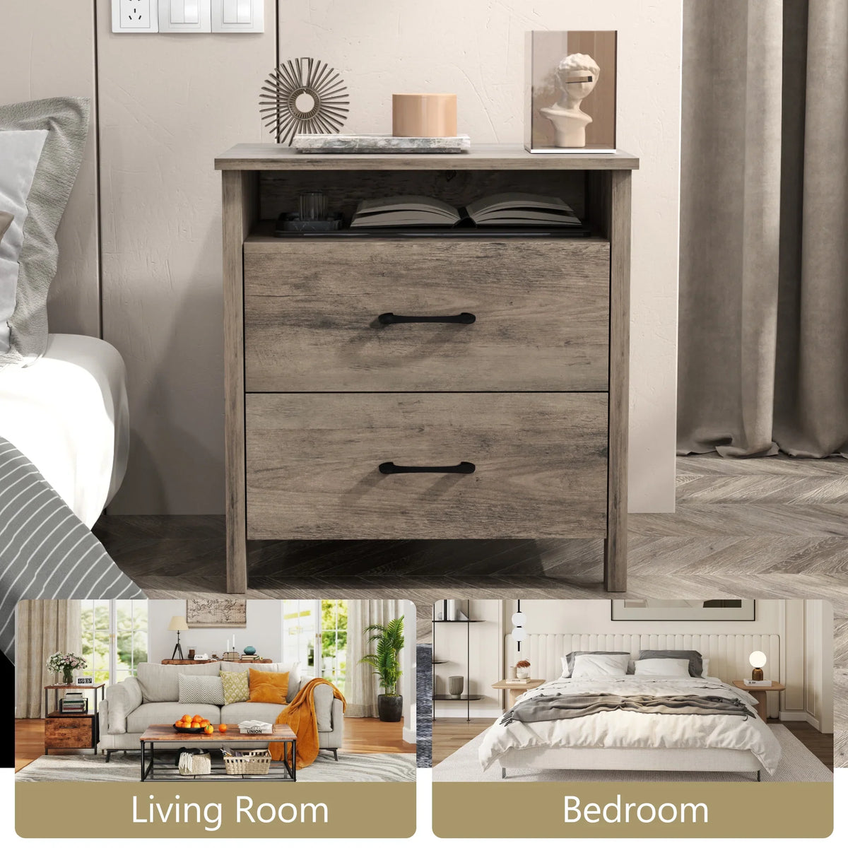 Farmhouse Nightstand with 2 Drawers, Rustic Grey Bedside Table with Open Shelf, Wooden Side End Table for Bedroom