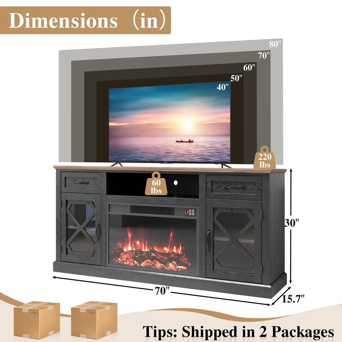 PAPROOS Fireplace TV Stand for 65 Inch TV, Modern Farmhouse TV Cabinet with 23'' Electric Fireplace, Entertainment Center Television Console Table for Living Room, Black+Brown