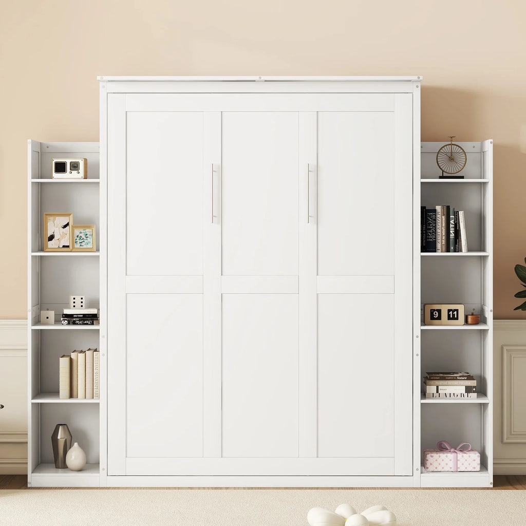 Harper & Bright Designs Full Size Murphy Bed with Shelves, Foldable Wall Bedframe w/Flexible Slats Support, Space-Saving Design, Can Be Folded Into Cabinet, White