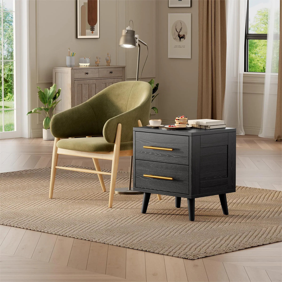 Noelse 3 Piece Bedroom Furniture Set, 6 Drawer Dresser with 2 Nightstands, Modern Wood Storage Organizer with Metal Handles for Bedroom, Living Room,Black