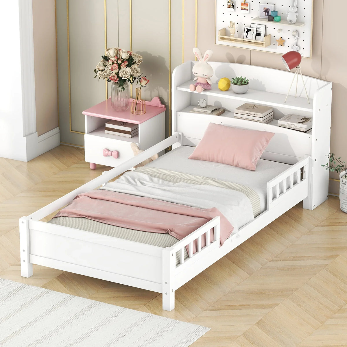 Euroco Wood Twin Size Platform Bed with Storage Headboard, Shelves and LED Light for Kids, Gray