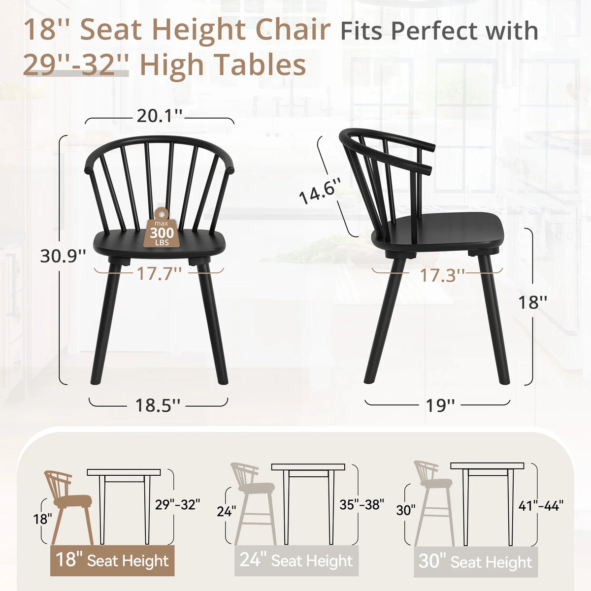 Dycanpo Dining Chairs Set of 4, Black Kitchen/Dining Room Wooden Chairs with Mid Century Modern,18''