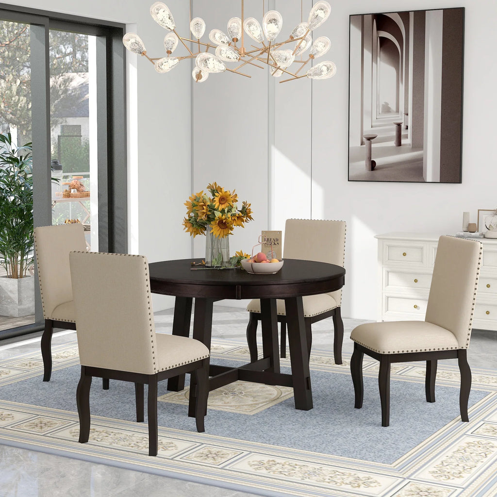 Harper & Bright Designs Round Extendable Dining Table Set for 4, 5 Piece Farmhouse Wood Dining Table Set with 4 Upholstered Dining Chairs, Natural Wood Wash