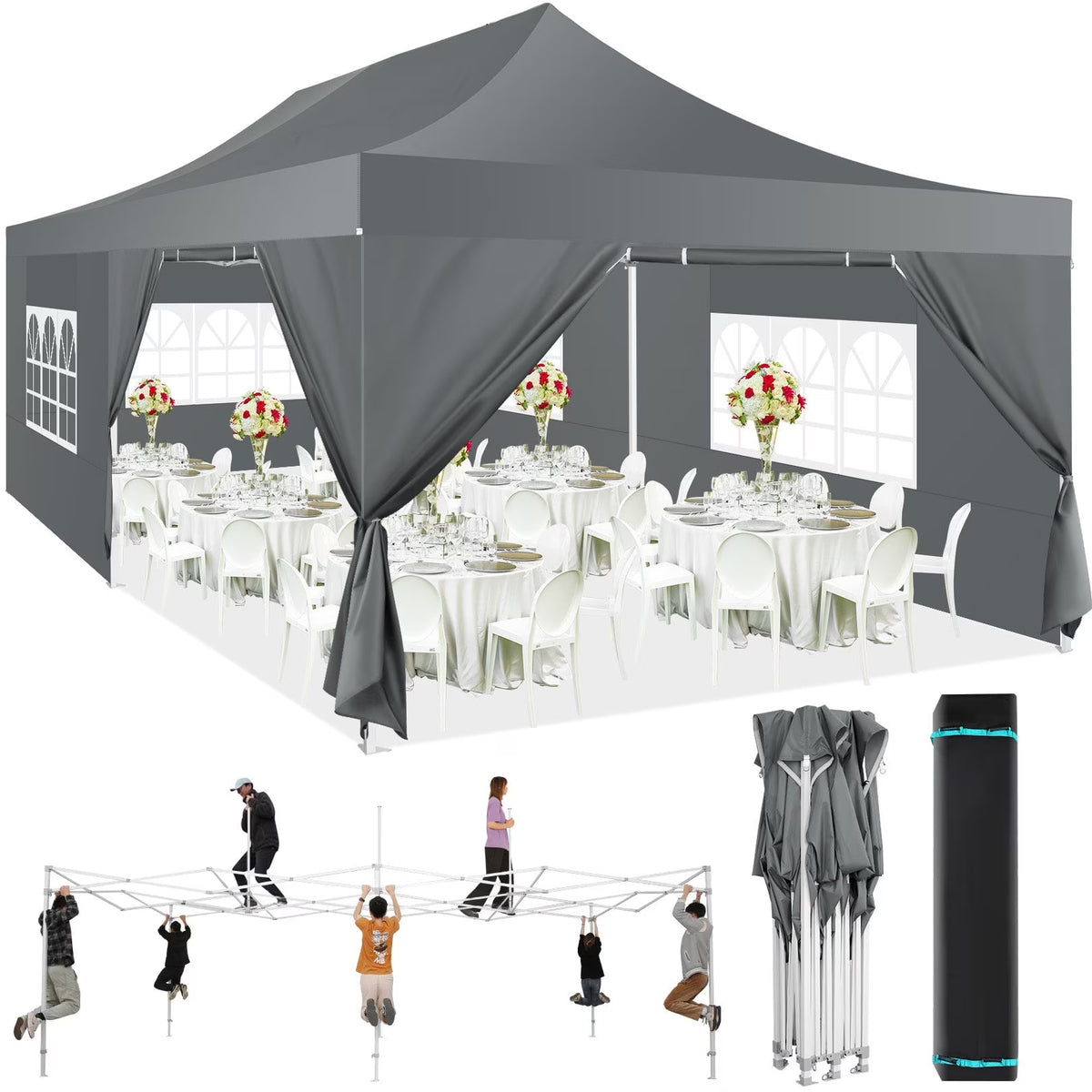 HOTEEL 10x20 Pop up Canopy with 6 Sidewalls Commercial Heavy Duty Canopy UPF 50+ All Weather Waterproof Outdoor Wedding Party Tents Gazebo with Roller Bag, Khaki