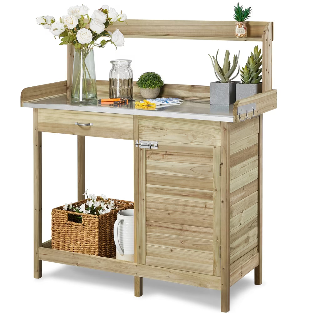 Renwick Outdoor Garden Potting Bench W/Cabinet Drawer Open Shelf, Gray