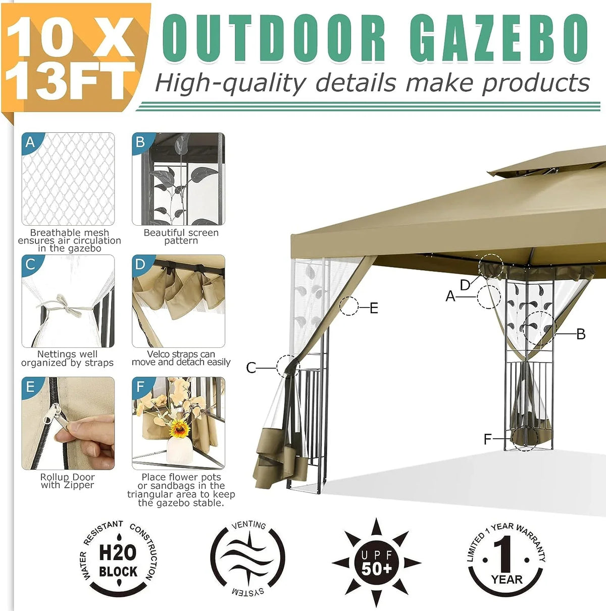 COBIZI 10' x 13' Pop Up Gazebo, Screened Patio Gazebo, Outdoor Steel Double Roof Canopy Tent, Metal Frame Canopy with Mosquito Netting, Sunshade for Garden, Lawns, Gray