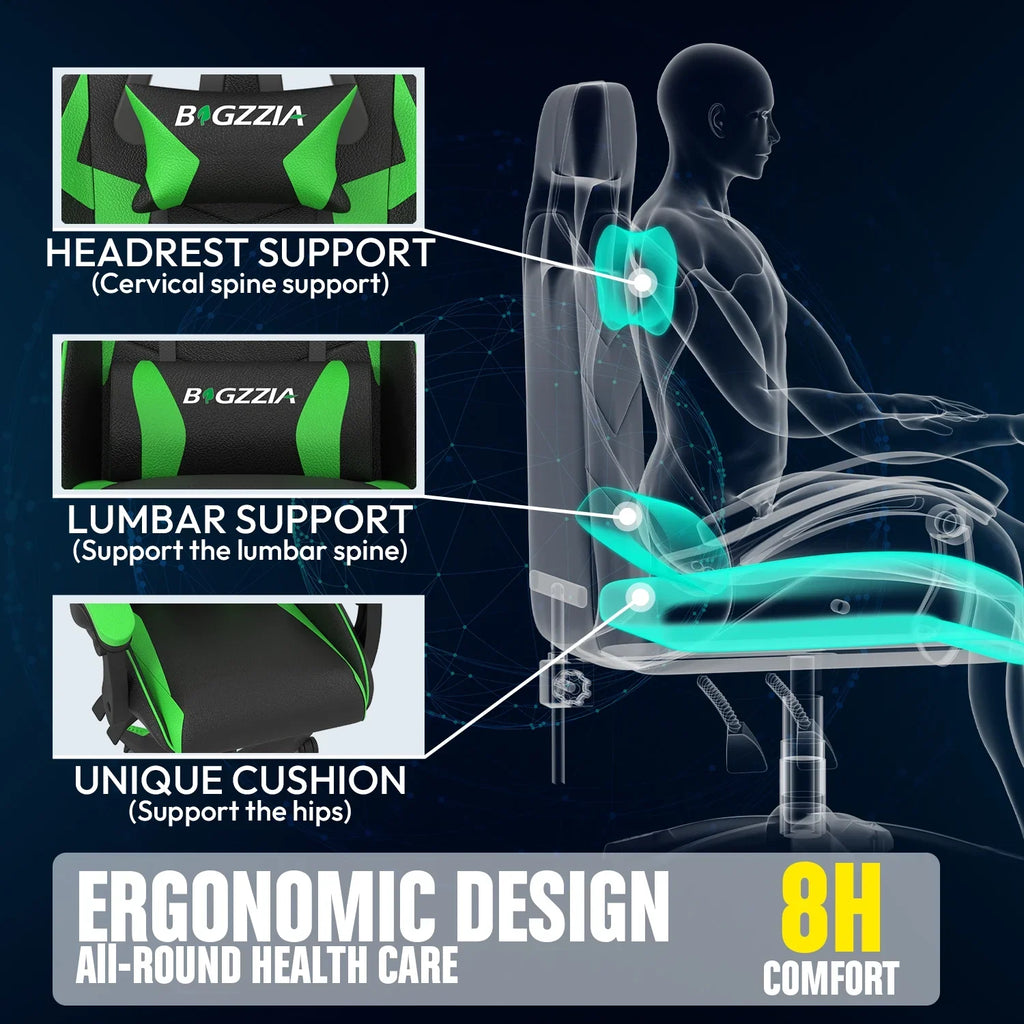 Bigzzia Gaming Chair with Heated Cushion, High Back Video Game Chairs with Pillow and Lumbar Support, Green