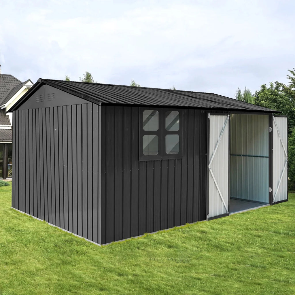 10x12 FT Outdoor Storage Shed, Metal Garden Tool Shed with Vents, Window and Bulit-in Hooks, Waterproof Organization for Home/Backyard/Garden Tools/Lawn Storage, Yellow+White