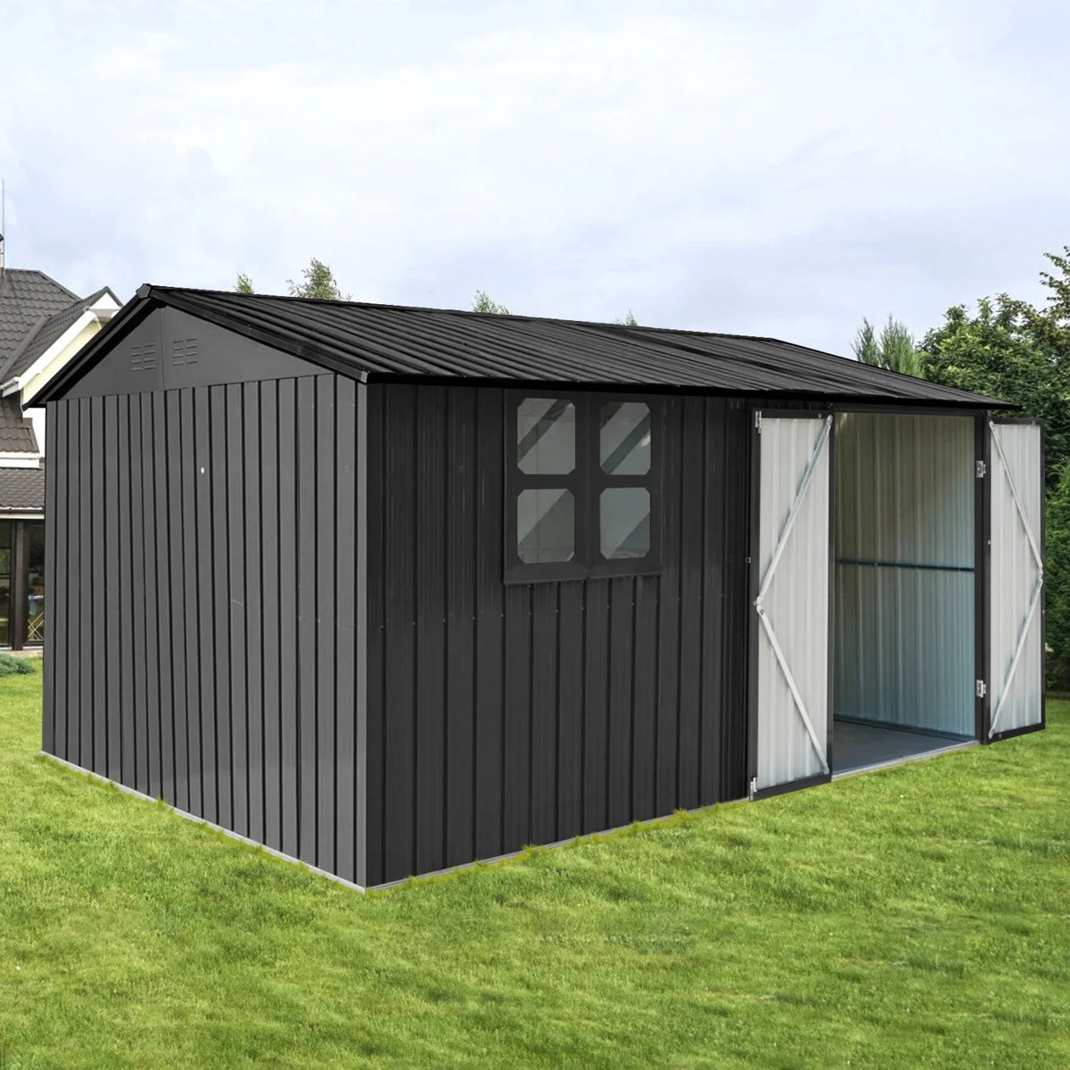 10x12 FT Outdoor Storage Shed, Metal Garden Tool Shed with Vents, Window and Bulit-in Hooks, Waterproof Organization for Home/Backyard/Garden Tools/Lawn Storage, Yellow+White