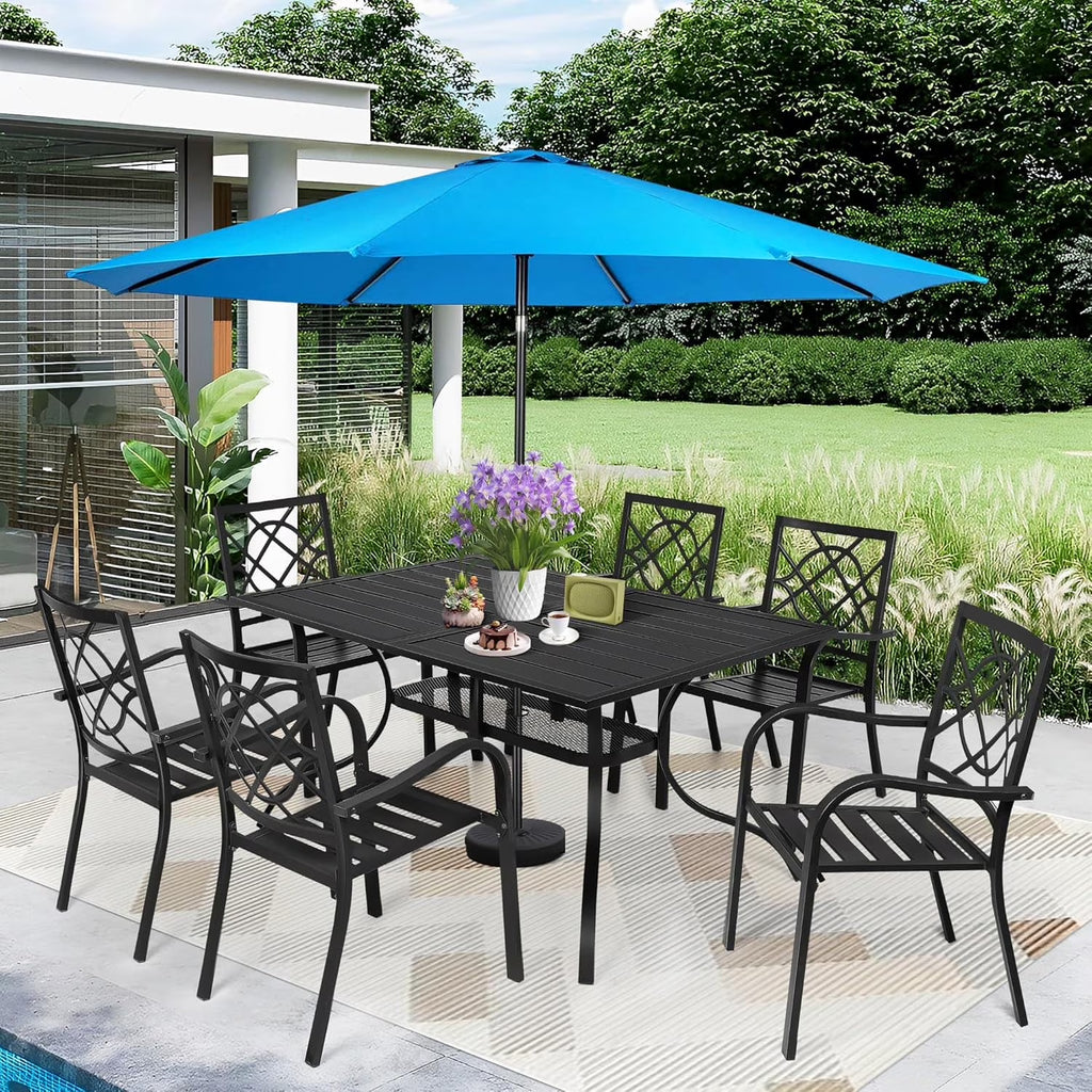 SUNCROWN 5-Piece Outdoor Wrought Iron Chairs and Table Patio Dining Furniture Set - 4 Stackable Metal Chairs, 1 Steel Slat Bistro Table and 1 Sky Blue 9Ft Patio Umbrella for Garden Backyard Deck